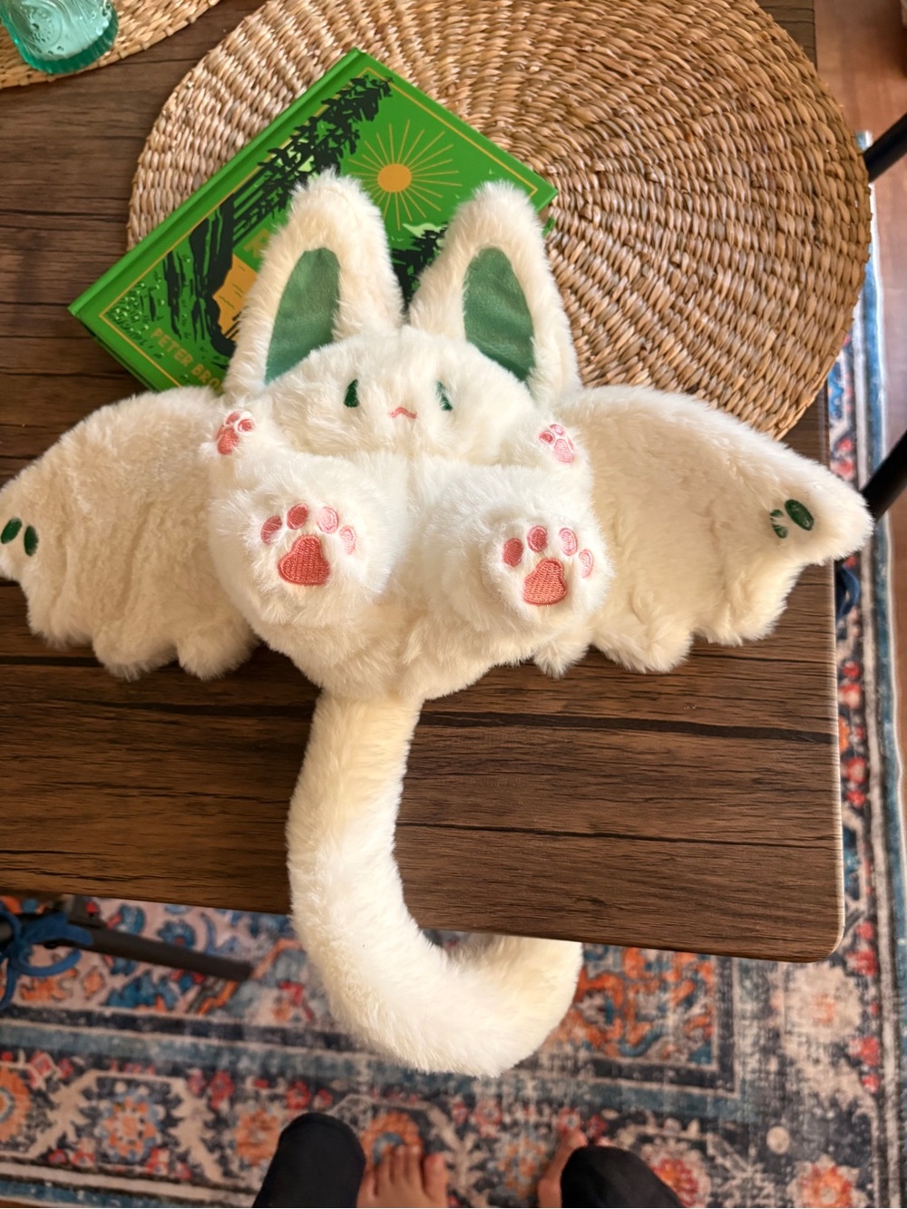 Plush White Bunny Bat Kids with Tail with Pink Paw Accents